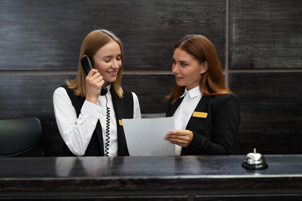 Receptionists in elegant suits during work hours