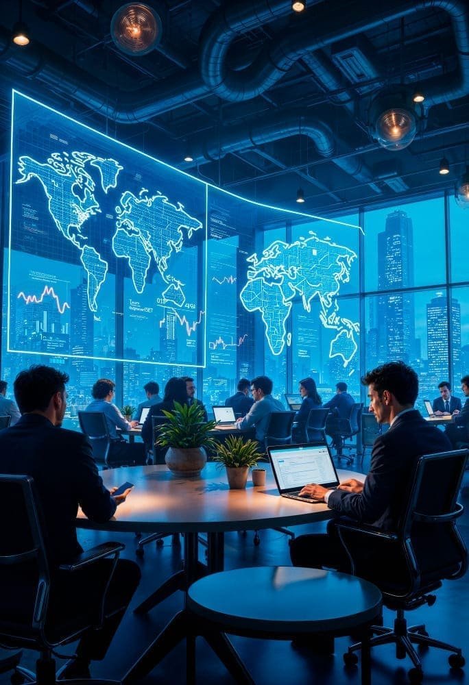Modern business meeting with global data visualization